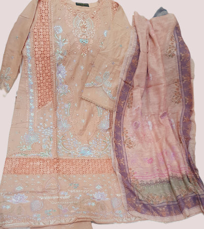 Agha Noor Inspired Peach Embroidered Cotton Lawn Suit – Stitched 3pc-RW3-131