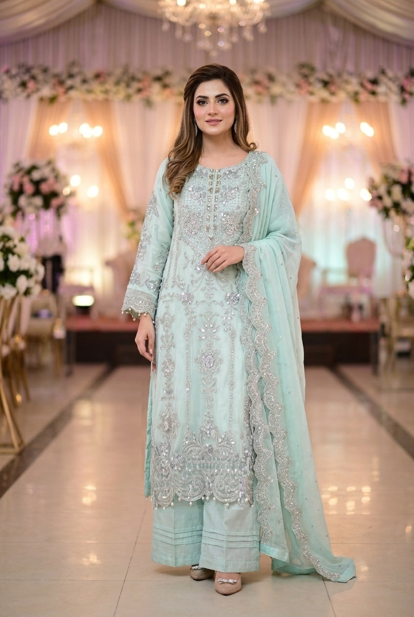 Maria B Inspired Aqua Embroidered Chiffon Suit – Stitched 3pc-RW3-138
