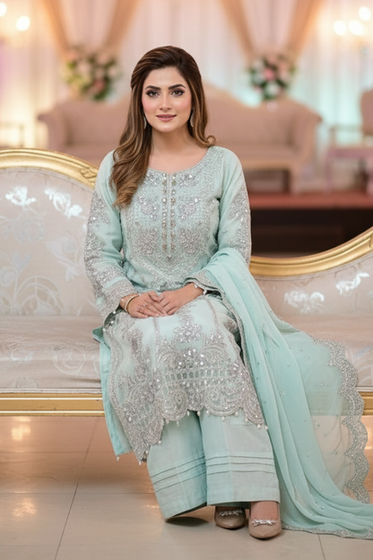 Maria B Inspired Aqua Embroidered Chiffon Suit – Stitched 3pc-RW3-138