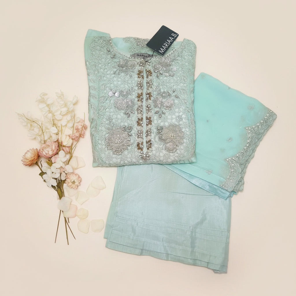 Maria B Inspired Aqua Embroidered Chiffon Suit – Stitched 3pc-RW3-138