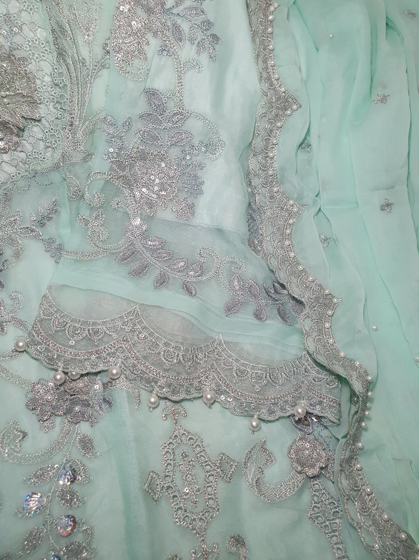 Maria B Inspired Aqua Embroidered Chiffon Suit – Stitched 3pc-RW3-138