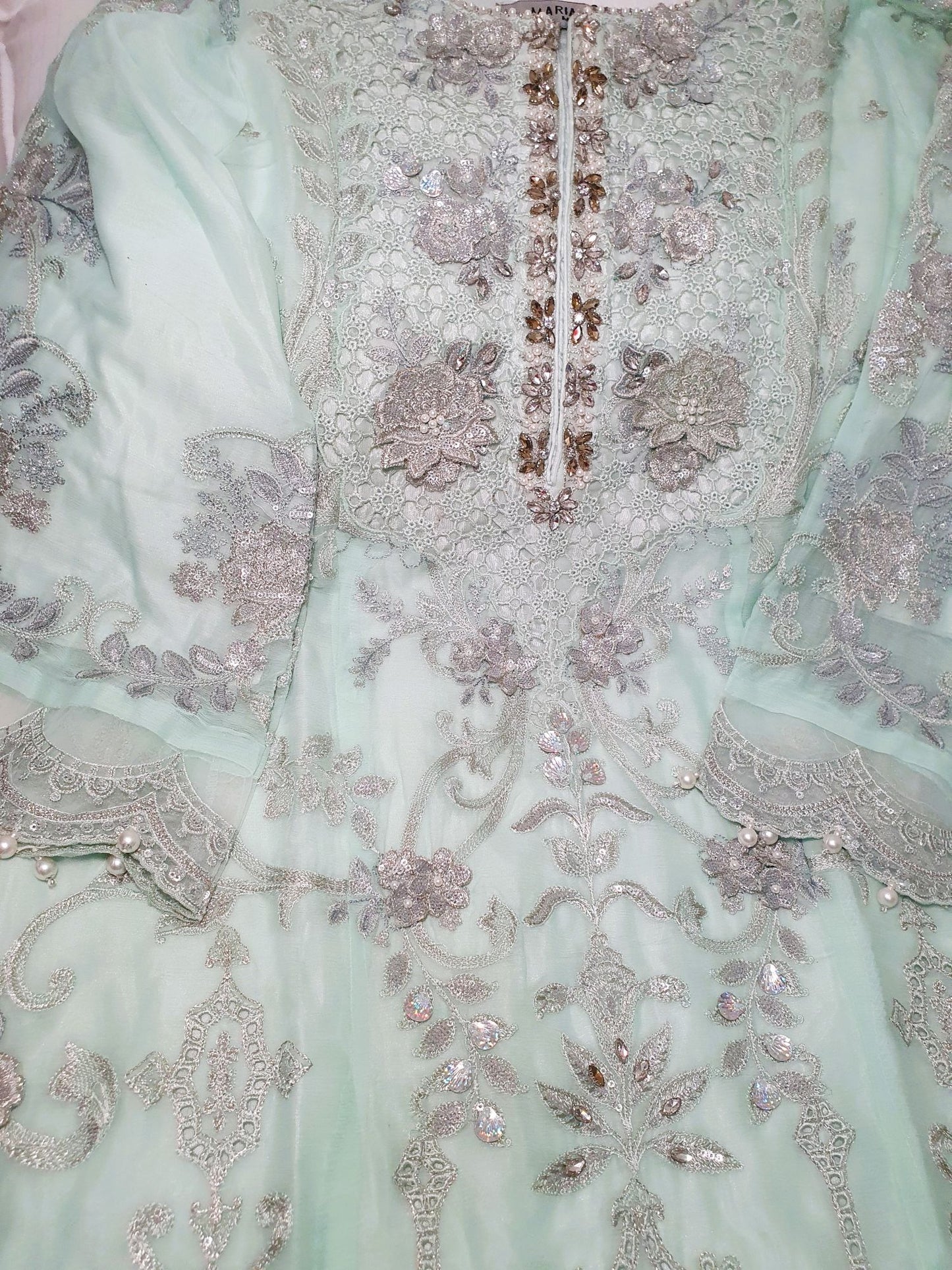 Maria B Inspired Aqua Embroidered Chiffon Suit – Stitched 3pc-RW3-138