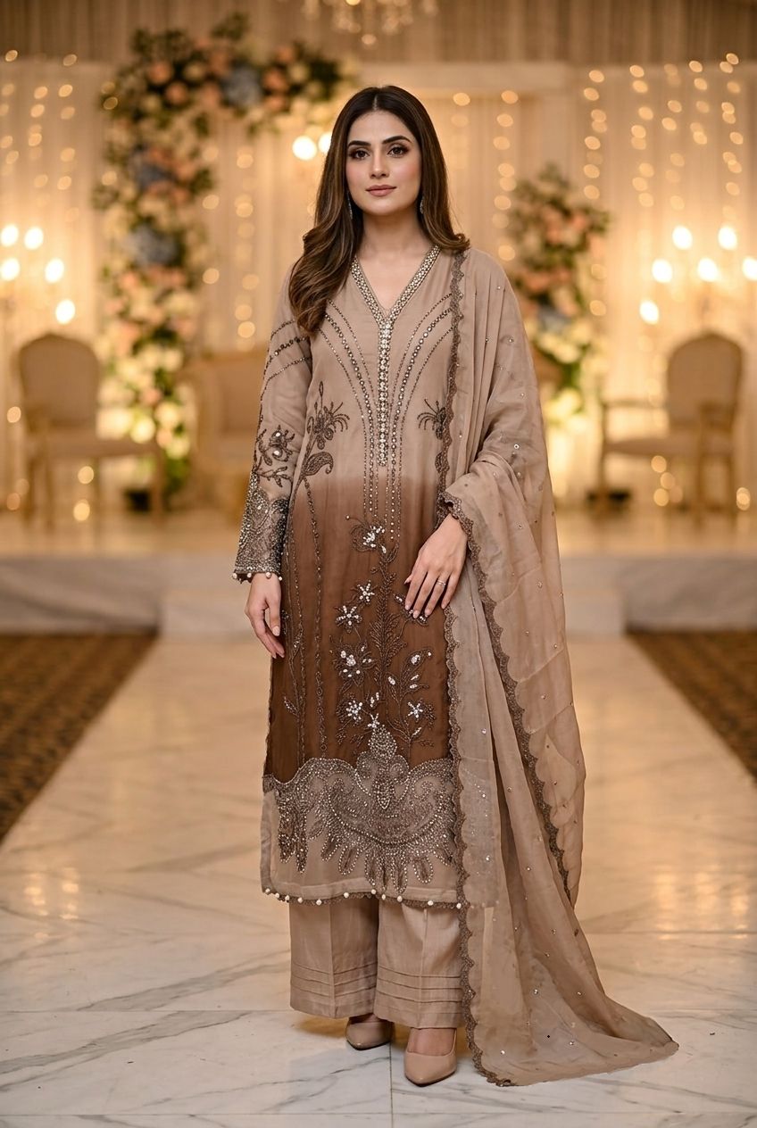 Maria B Inspired Beige Tie-Dye Embroidered Chiffon Suit – Stitched 3pc-RW3-157