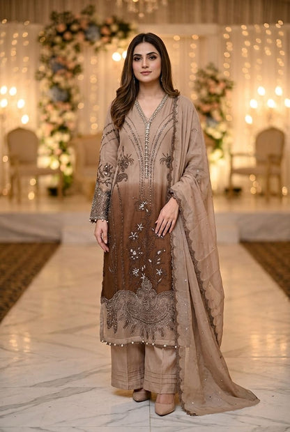 Maria B Inspired Beige Tie-Dye Embroidered Chiffon Suit – Stitched 3pc-RW3-157