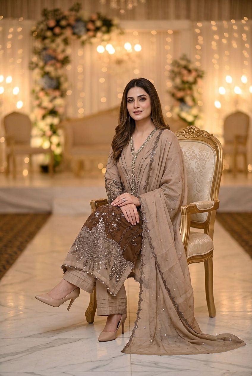 Maria B Inspired Beige Tie-Dye Embroidered Chiffon Suit – Stitched 3pc-RW3-157