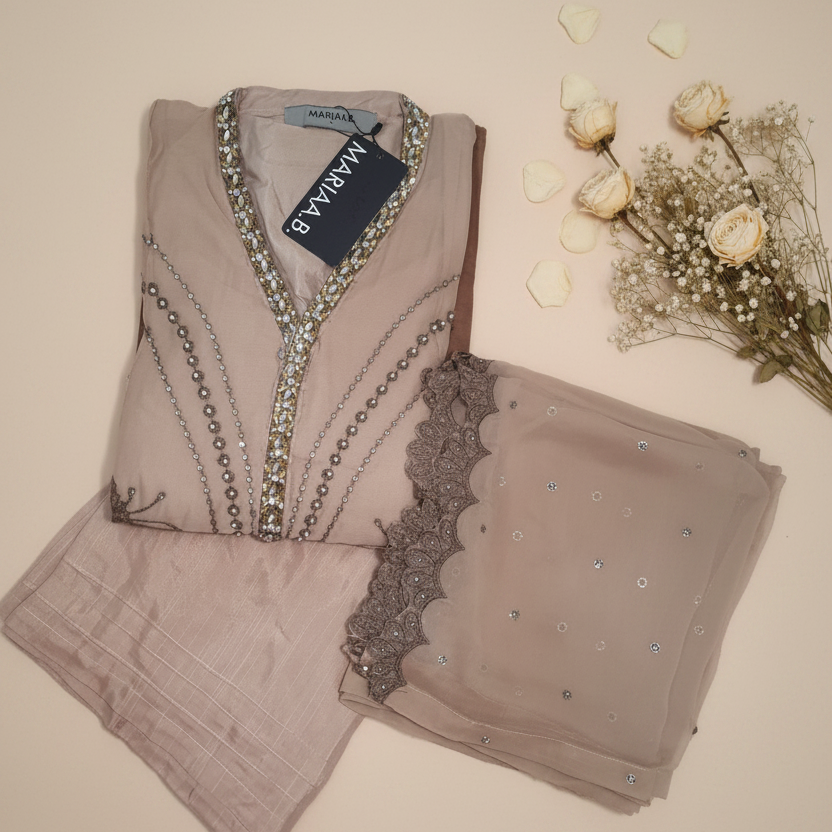 Maria B Inspired Beige Tie-Dye Embroidered Chiffon Suit – Stitched 3pc-RW3-157