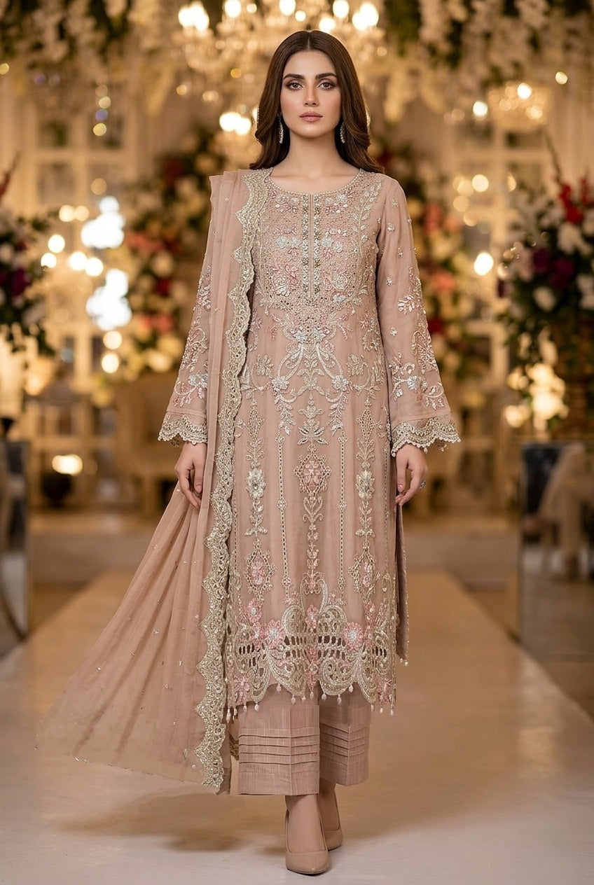 Maria B Inspired Beige Embroidered Chiffon Suit – Stitched 3pc-RW3-136