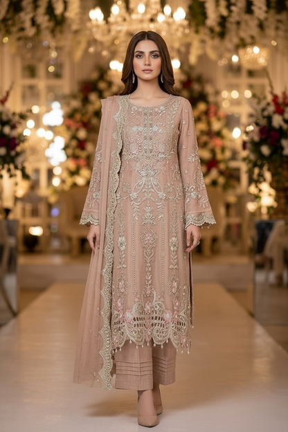 Maria B Inspired Beige Embroidered Chiffon Suit – Stitched 3pc-RW3-136