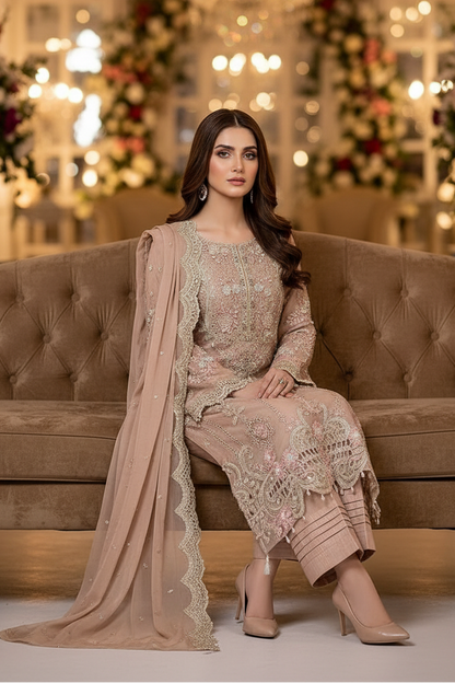 Maria B Inspired Beige Embroidered Chiffon Suit – Stitched 3pc-RW3-136