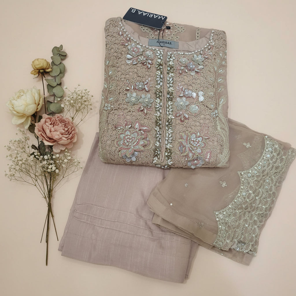 Maria B Inspired Beige Embroidered Chiffon Suit – Stitched 3pc-RW3-136