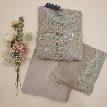 Maria B Inspired Beige Embroidered Chiffon Suit – Stitched 3pc-RW3-136