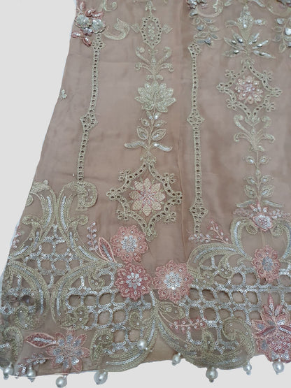 Maria B Inspired Beige Embroidered Chiffon Suit – Stitched 3pc-RW3-136