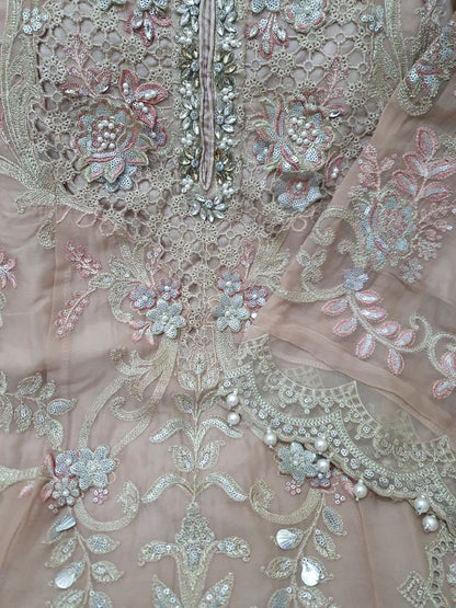 Maria B Inspired Beige Embroidered Chiffon Suit – Stitched 3pc-RW3-136