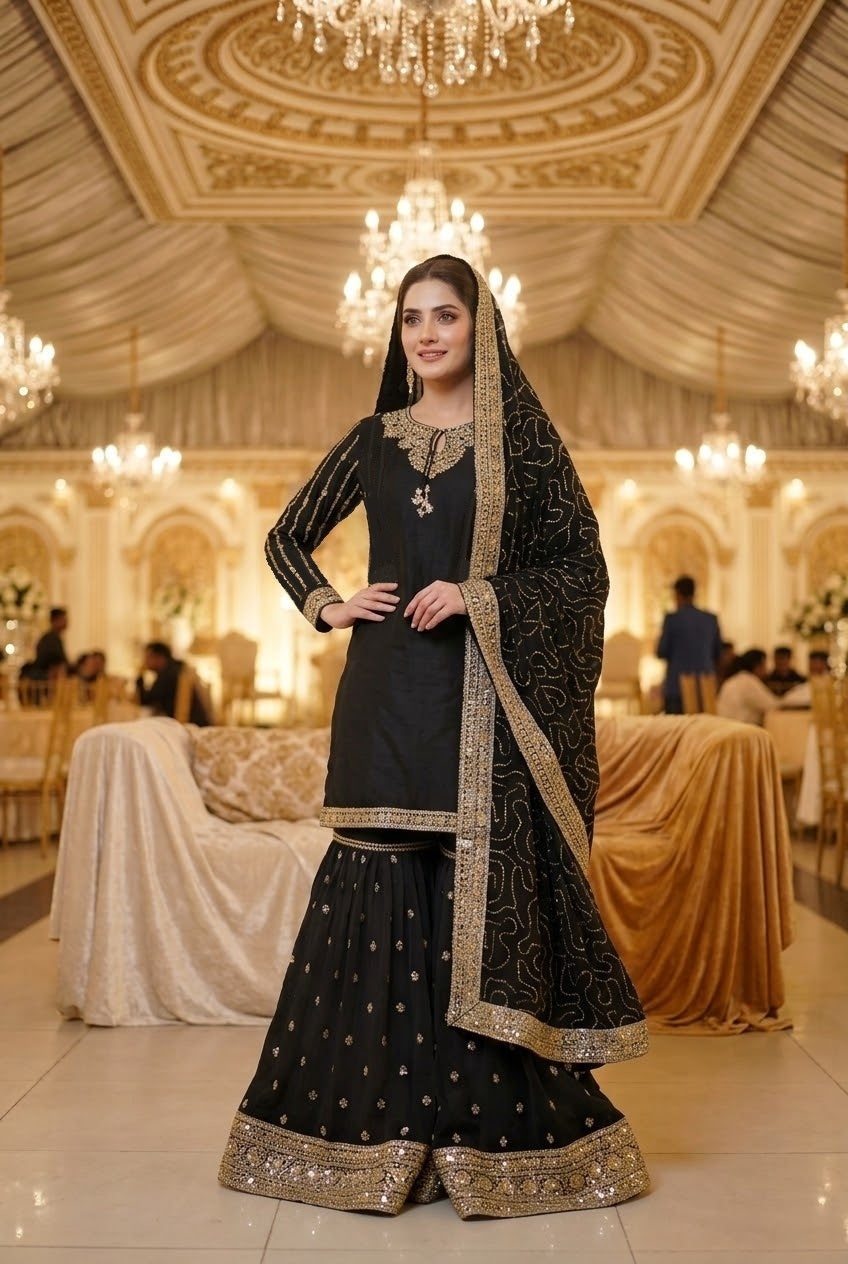 Agha Noor Inspired Black Chiffon Gharara – Stitched 3pc-RW3-233