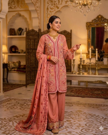 Maria B Inspired Coral Pink Embroidered Lawn Cotton Suit–Stitched 3pc-RW3- 92