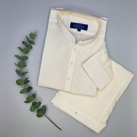 Men’s Embroidered Cream Shalwar Kameez – Stitched - MRW10