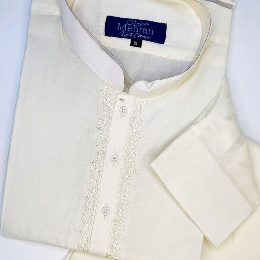 Men’s Embroidered Cream Shalwar Kameez – Stitched - MRW10