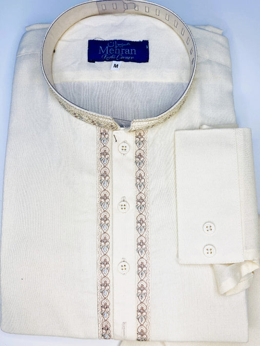 Close-up of Men's Embroidered cream shalwar kameez- Khaas Trends Dubai