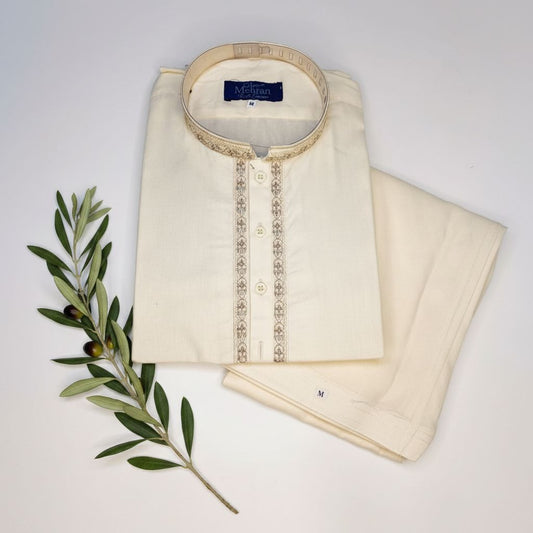 Men's Embroidered cream shalwar kameez- Khaas Trends Dubai