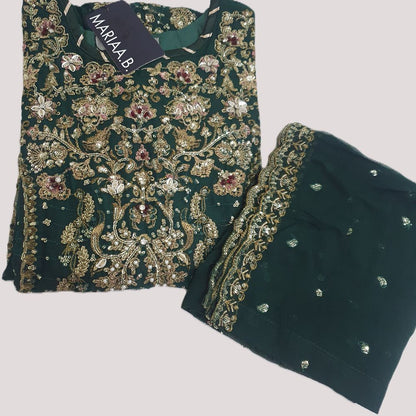 Maria B Inspired Green Embroidered Chiffon Suit – Stitched 3pc-RW3-146