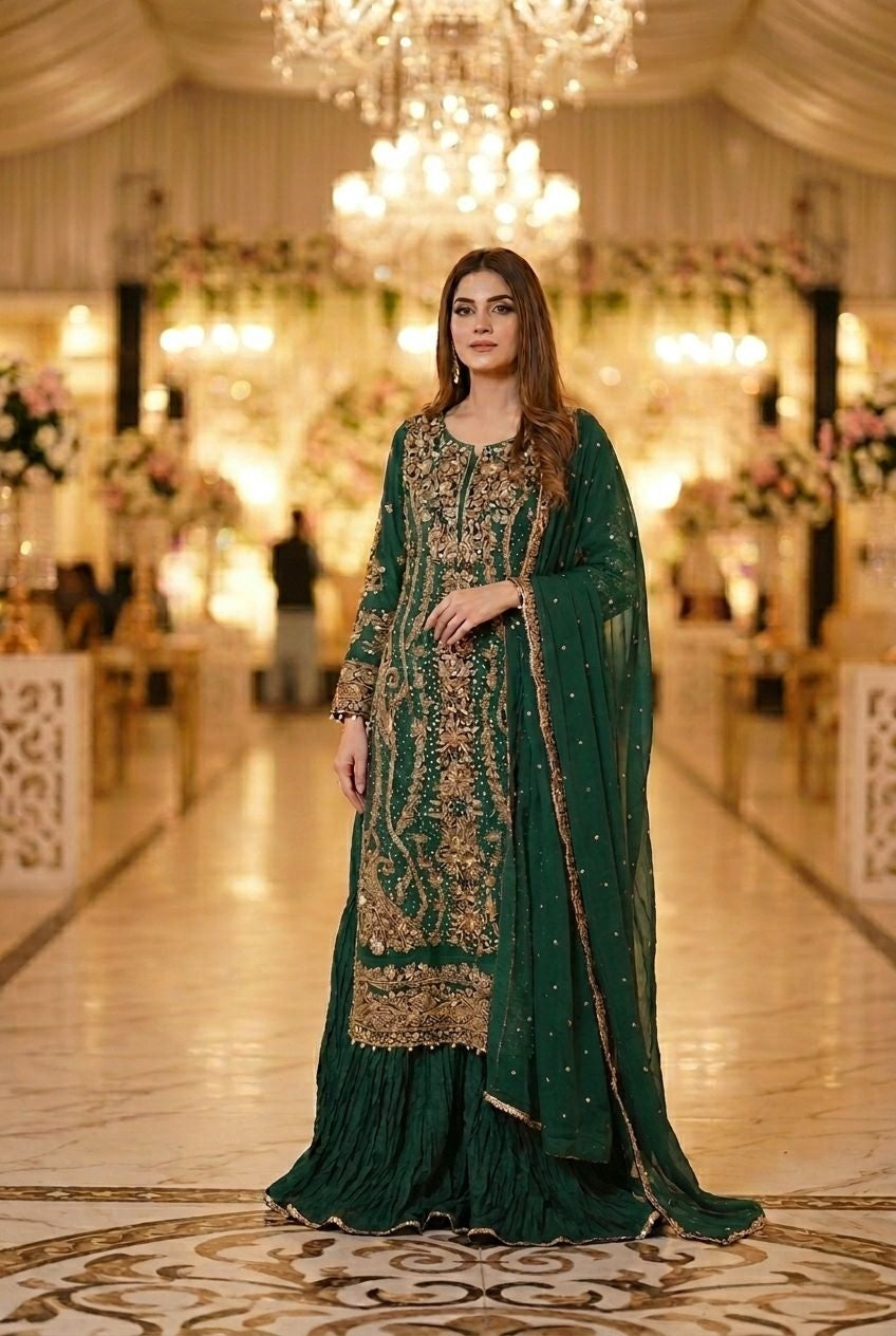Maria B Inspired Green Embroidered Chiffon Suit – Stitched 3pc-RW3-146