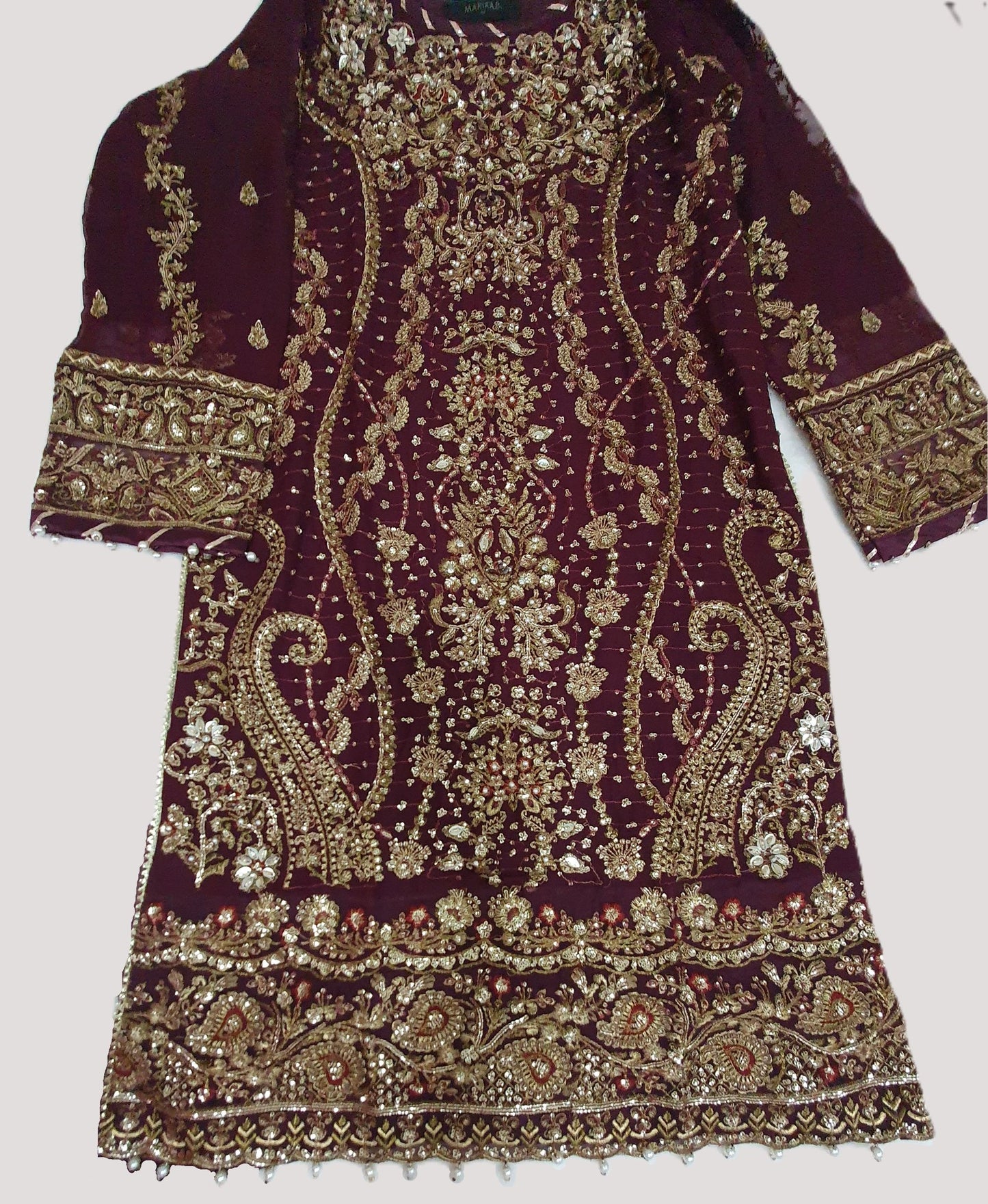 Maria B Inspired Maroon Embroidered Chiffon Suit – Stitched 3pc-RW3-145