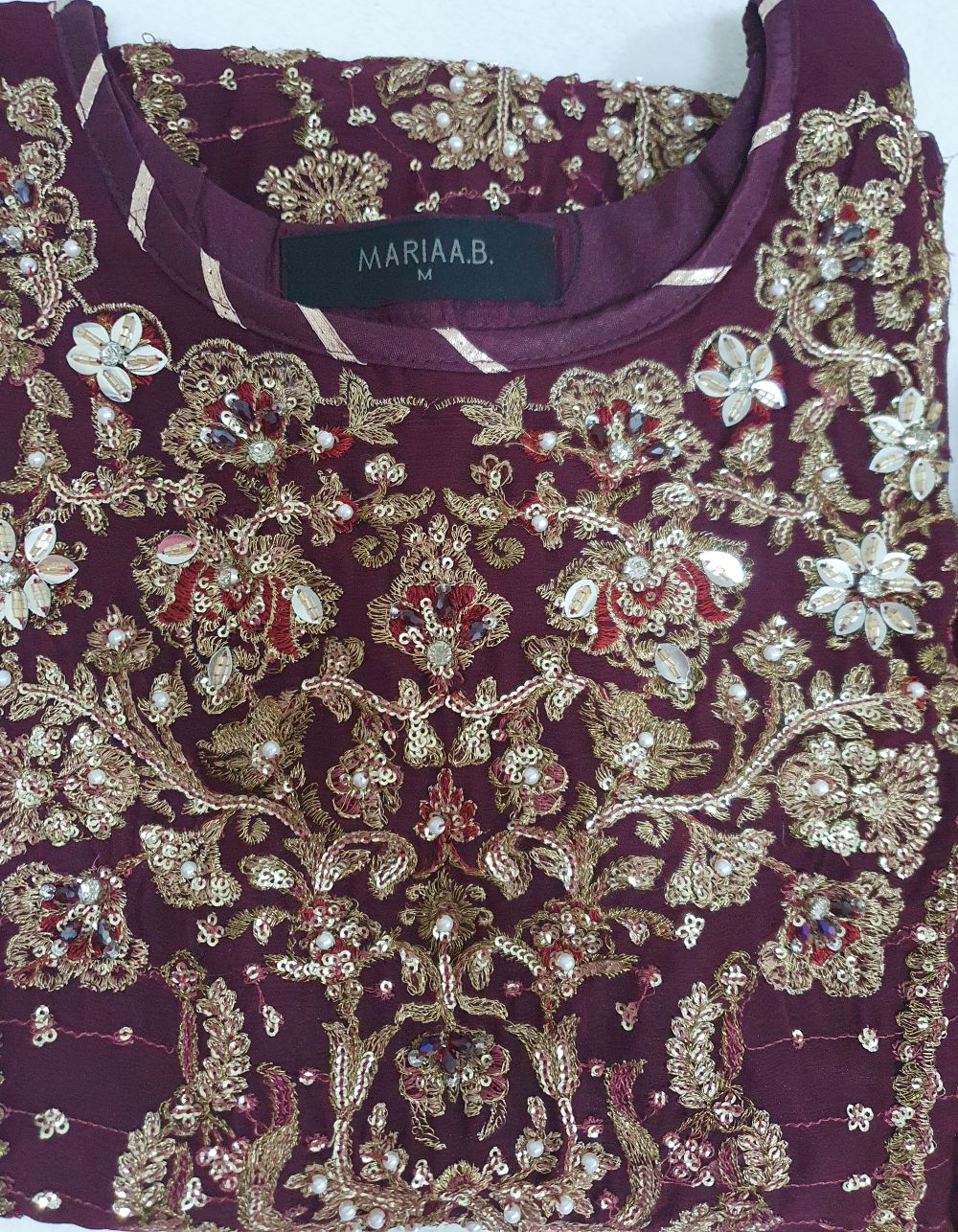 Maria B Inspired Maroon Embroidered Chiffon Suit – Stitched 3pc-RW3-145