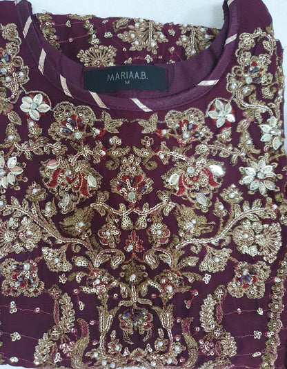 Maria B Inspired Maroon Embroidered Chiffon Suit – Stitched 3pc-RW3-145