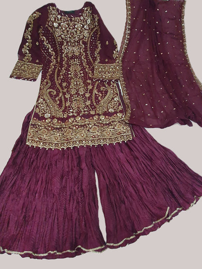 Maria B Inspired Maroon Embroidered Chiffon Suit – Stitched 3pc-RW3-145