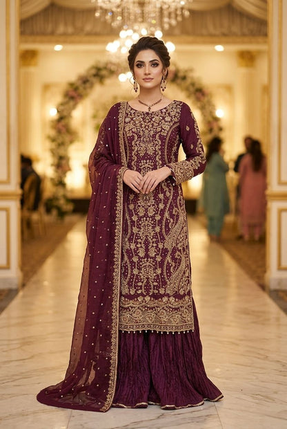 Maria B Inspired Maroon Embroidered Chiffon Suit – Stitched 3pc-RW3-145