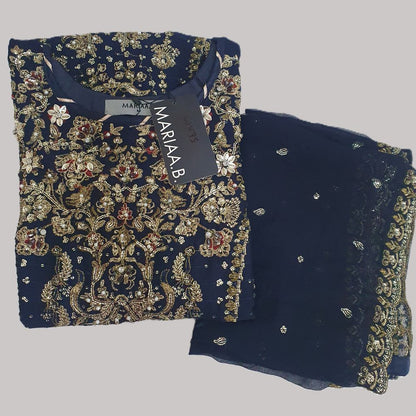 Maria B Inspired Navy Embroidered Chiffon Suit – Stitched 3pc-RW3-147