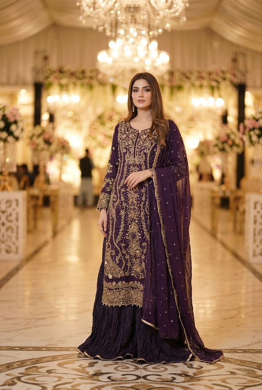 Maria B Inspired Purple Embroidered Chiffon Suit – Stitched 3pc-RW3-144