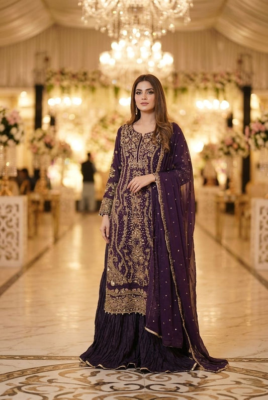Maria B Inspired Purple Embroidered Chiffon Suit – Stitched 3pc-RW3-144