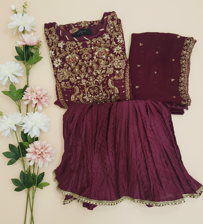 Maria B Inspired Maroon Embroidered Chiffon Suit – Stitched 3pc-RW3-145