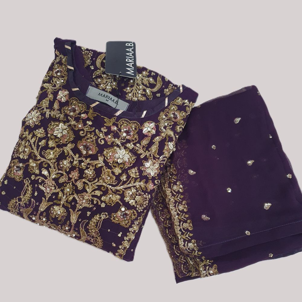 Maria B Inspired Purple Embroidered Chiffon Suit – Stitched 3pc-RW3-144