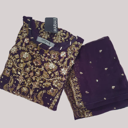 Maria B Inspired Purple Embroidered Chiffon Suit – Stitched 3pc-RW3-144