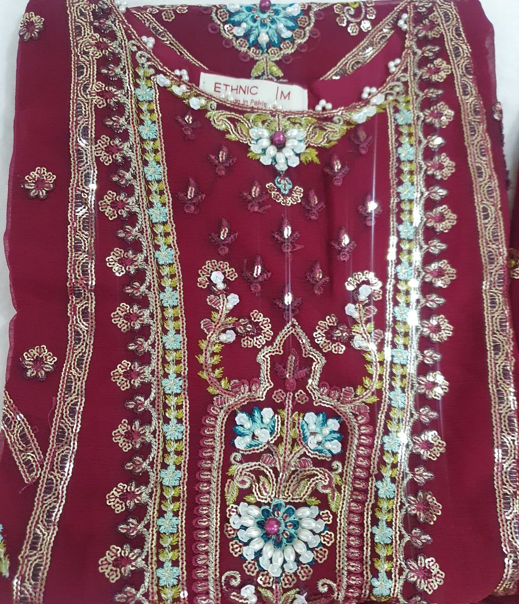 ETHNIC Inspired Maroon  Chiffon Gharara – Stitched 3pc-RW3-244