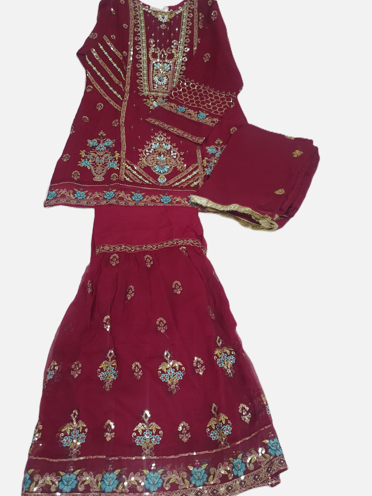 ETHNIC Inspired Maroon  Chiffon Gharara – Stitched 3pc-RW3-244