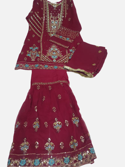 ETHNIC Inspired Maroon  Chiffon Gharara – Stitched 3pc-RW3-244