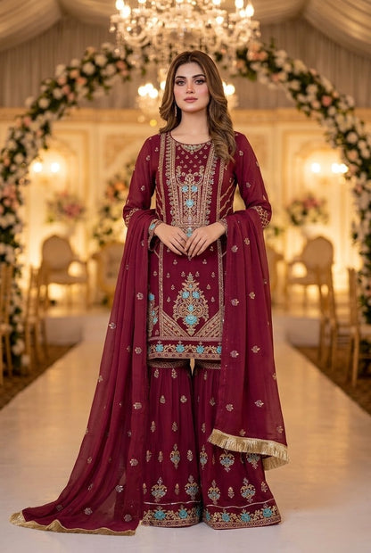 ETHNIC Inspired Maroon  Chiffon Gharara – Stitched 3pc-RW3-244