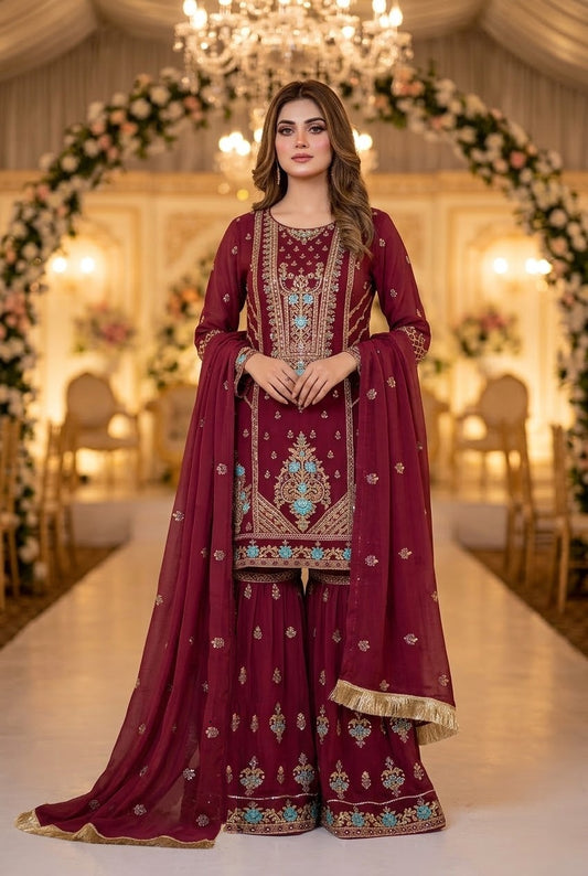 ETHNIC Inspired Maroon  Chiffon Gharara – Stitched 3pc-RW3-244