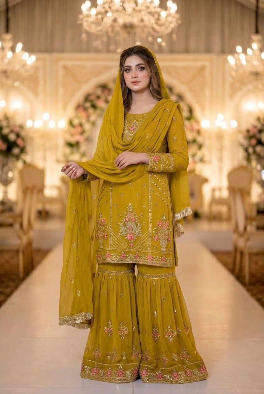 ETHNIC Inspired Mustard Chiffon Gharara – Stitched 3pc-RW3-242