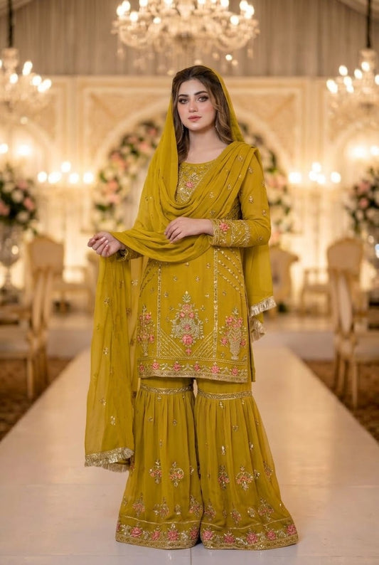 ETHNIC Inspired Mustard Chiffon Gharara – Stitched 3pc-RW3-242