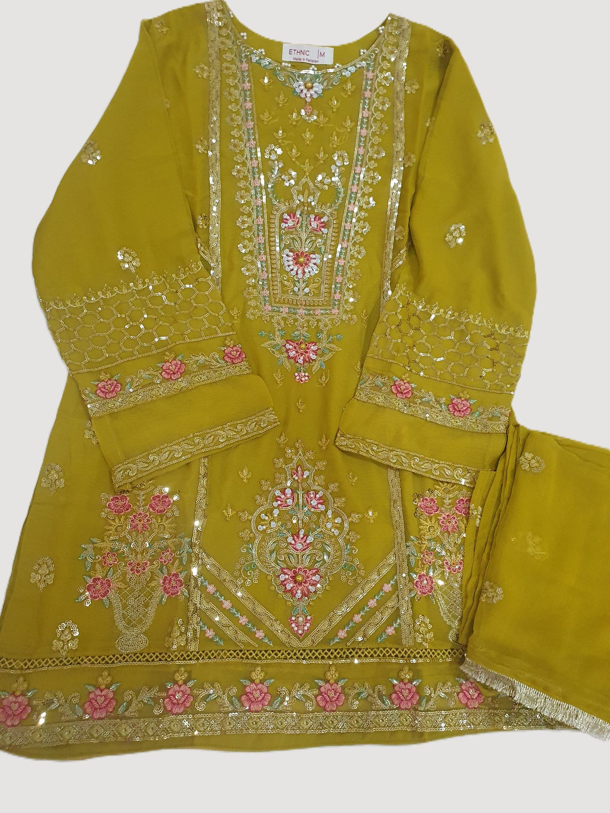 ETHNIC Inspired Mustard Chiffon Gharara – Stitched 3pc-RW3-242
