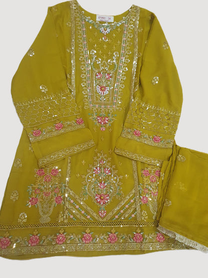 ETHNIC Inspired Mustard Chiffon Gharara – Stitched 3pc-RW3-242