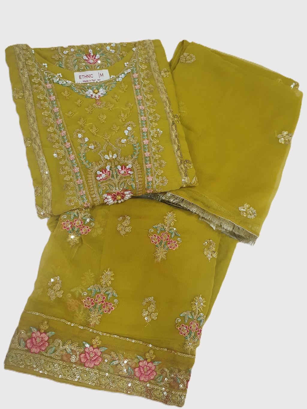 ETHNIC Inspired Mustard Chiffon Gharara – Stitched 3pc-RW3-242