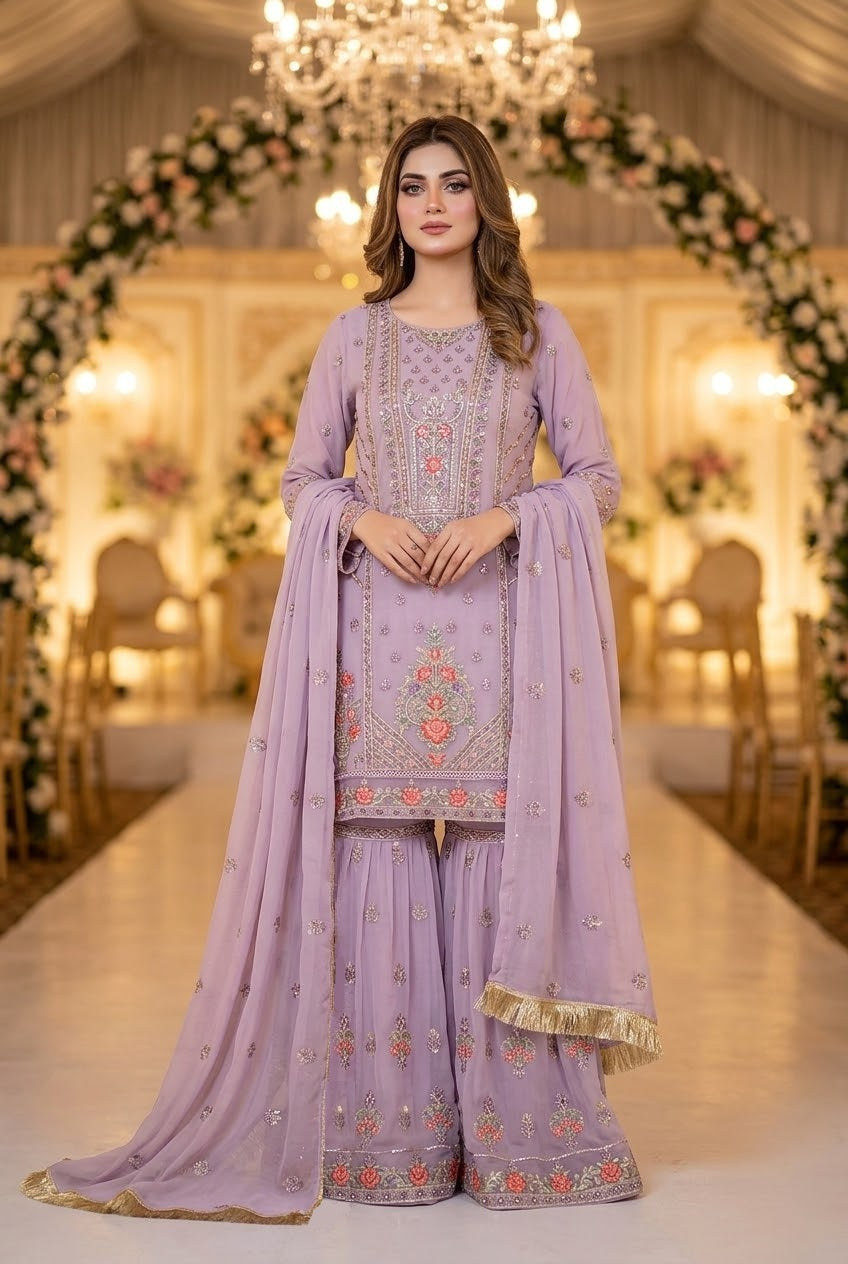 ETHNIC Inspired Purple  Chiffon Gharara – Stitched 3pc-RW3-243