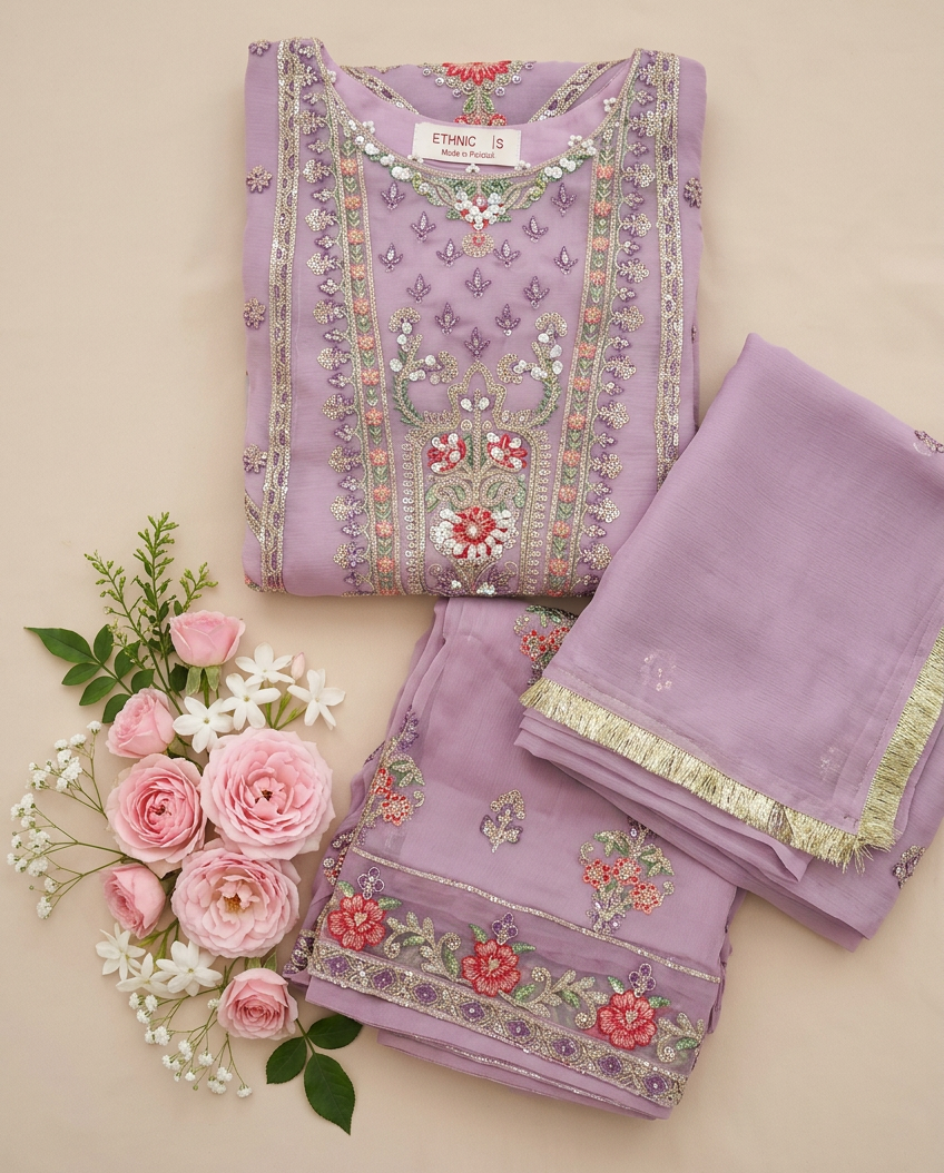 ETHNIC Inspired Purple  Chiffon Gharara – Stitched 3pc-RW3-243