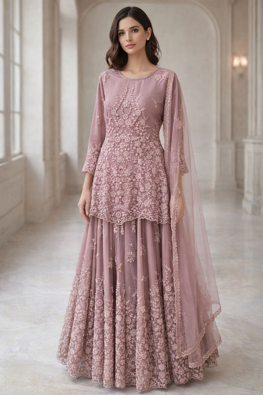 Dusty Pink Embroidered Net Pleated Lehenga -Stitched 3pc- RW3-35