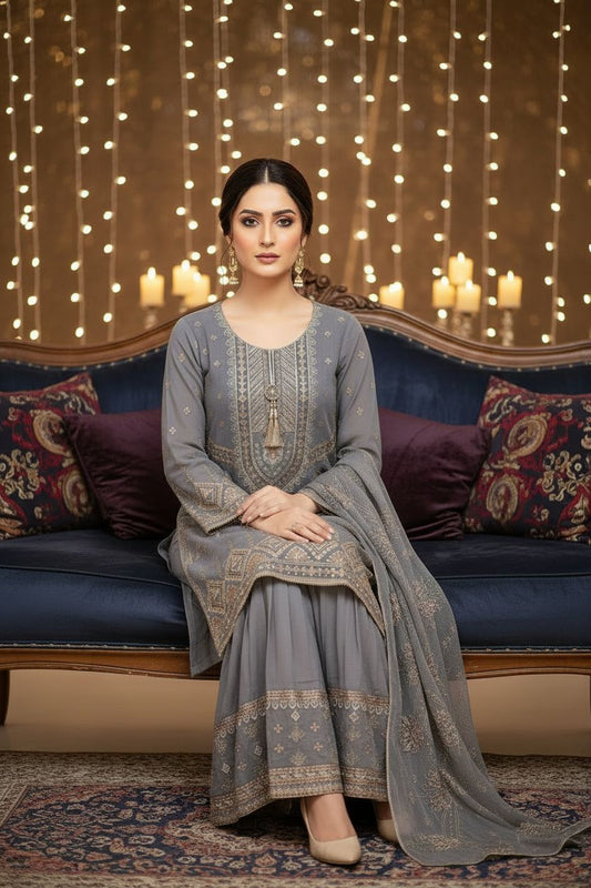 Embroidered chiffon gharara 3PC in grey - Pakistani wedding dress with sequins and zari work Dubai
